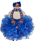 Haler Beaded Bodice Baby Royal Blue Cupcake Pageant Dress With Hair bow - ToddlerPageantDress