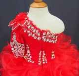 One Shoulder Beaded Bodice Red Cupcake Pageant Dress  G115-2 - ToddlerPageantDress