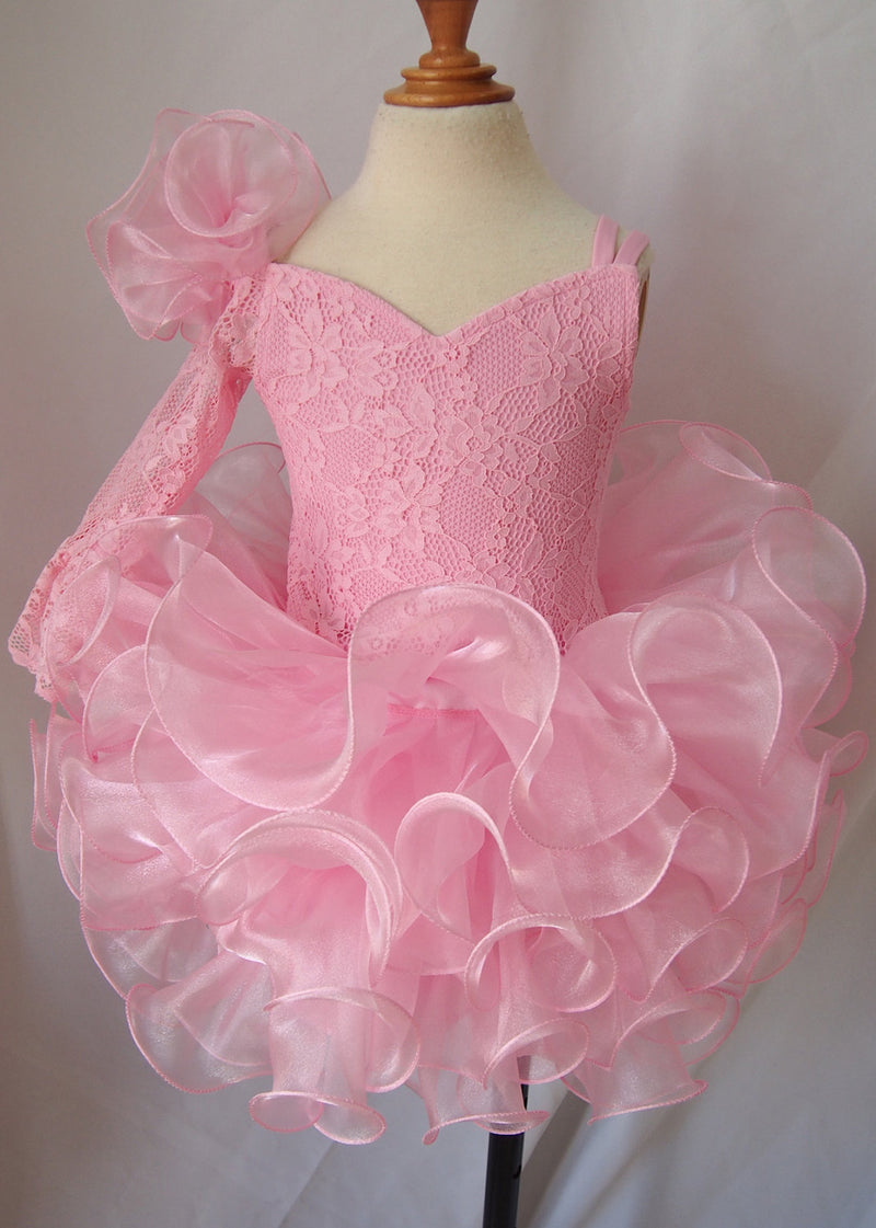 One Shoulder Pink Lace Little Girl Natural Cupcake Pageant Dress - ToddlerPageantDress