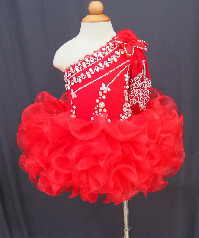 One Shoulder Beaded Bodice Red Cupcake Pageant Dress G115 - 2 - ToddlerPageantDress